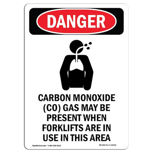 Safety Sign, OSHA Danger, 5" Height, Carbon Monoxide (CO), Portrait, 10PK